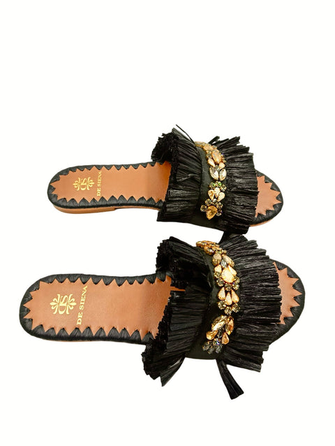 SEMIRA RAFFIA SLIDES WITH CRYSTALS