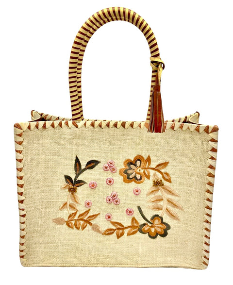 NAIMA BIG BEADED NATURAL JUTE BAG WITH FLOWERS