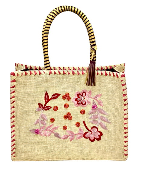 NAIMA BIG BEADED NATURAL PINK JUTE BAG WITH FLOWERS
