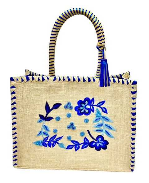 NAIMA BIG BEADED NATURAL BLUE JUTE BAG WITH FLOWERS