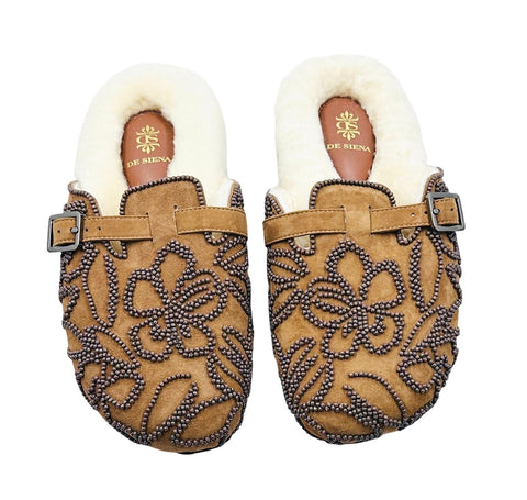 SEATTLE EMBROIDERED SUEDE CLOGS TOBACCO