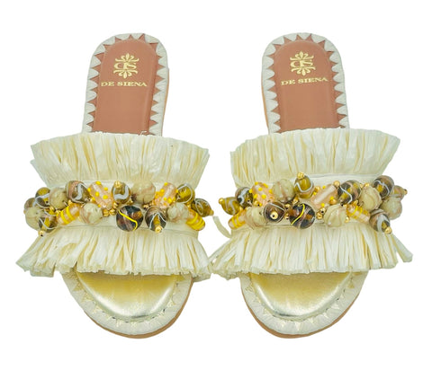 DAFINA RAFFIA SLIDES WITH PEARLS