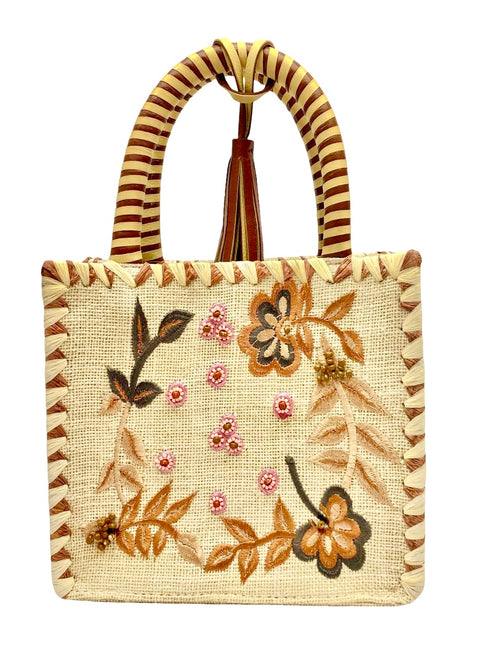 NAIMA SMALL BEADED NATURAL JUTE BAG WITH FLOWERS