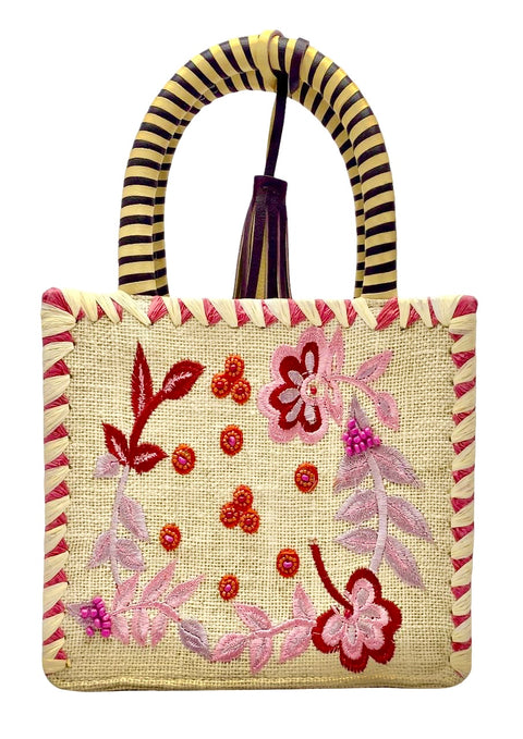 NAIMA SMALL BEADED NATURAL PINK JUTE BAG WITH FLOWERS