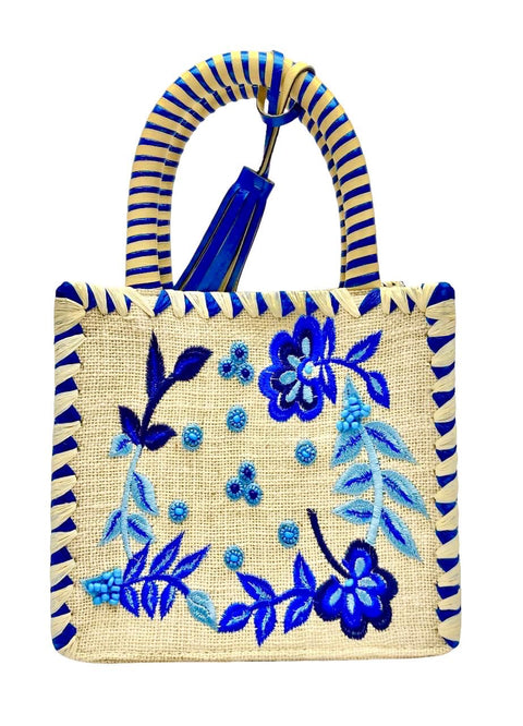 NAIMA SMALL BEADED NATURAL BLUE JUTE BAG WITH FLOWERS