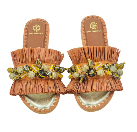 DAFINA RAFFIA SLIDES WITH PEARLS