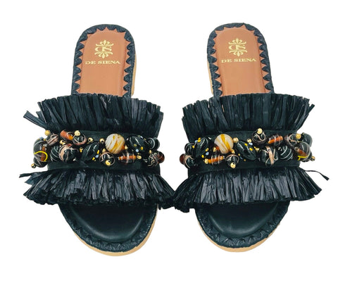 DAFINA RAFFIA SLIDES WITH PEARLS