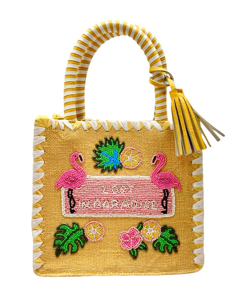 SMALL BEADED JUTE BAG WITH WORDINGS