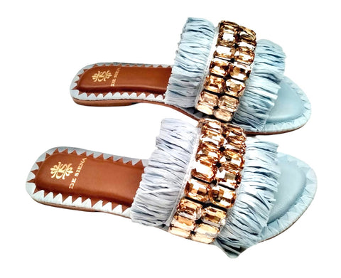 SAMMY RAFFIA SLIDES WITH CRYSTALS