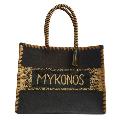 MYKONOS BIG JUTE AND BEADED BAG GOLD BLACK