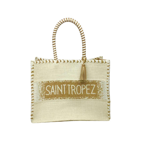 SAINT TROPEZ BIG JUTE AND BEADED BAG OFFWHITE GOLD